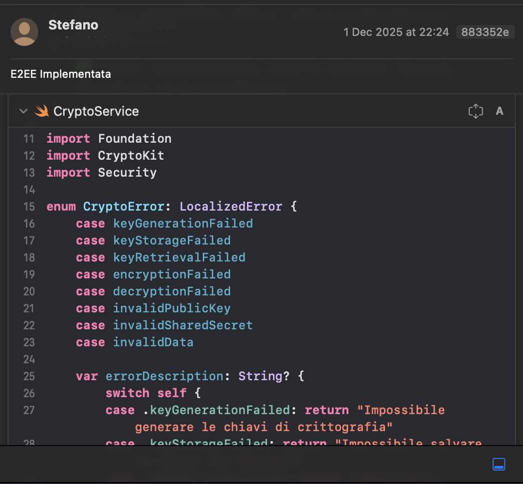 E2EE Implementata — CryptoService.swift