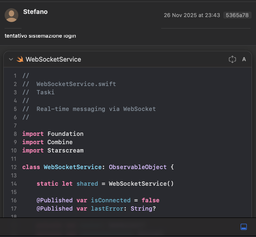 Il secondo commit: tentativo sistemazione login — WebSocketService.swift